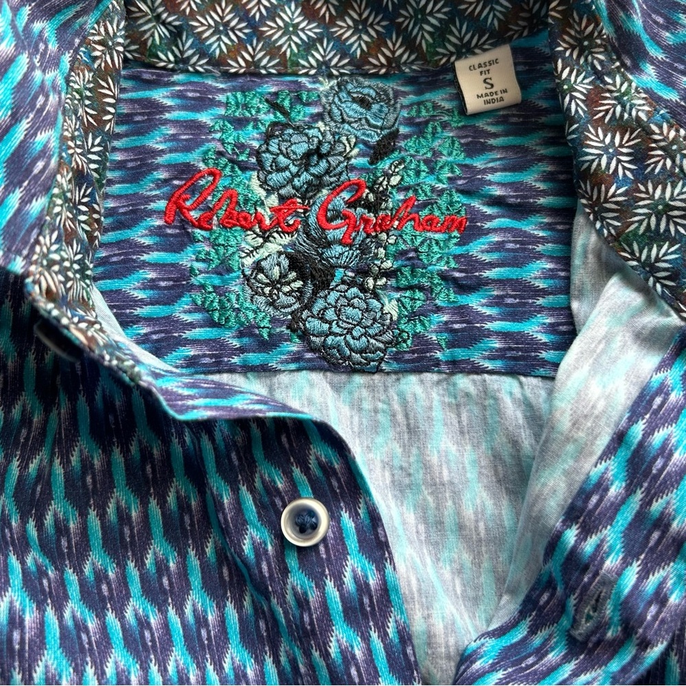 Robert Graham Teal and Navy Geometric Shirt Men’s S